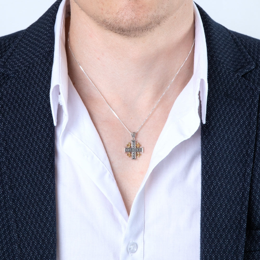Beaded Two-Tone Jerusalem Cross Pendant Necklace in 925 Sterling Silver – shown worn, close-up
