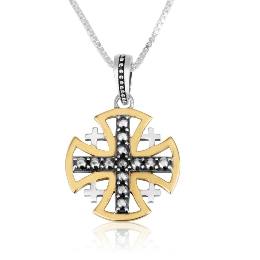 Two-Tone Jerusalem Cross Pendant Necklace, Round Gold Frame, 925 Sterling Silver