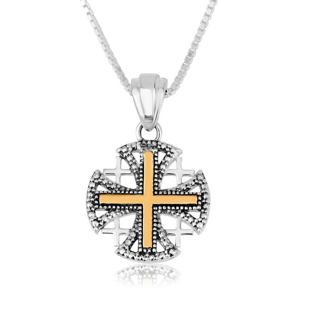 Two-Tone Jerusalem Cross Pendant Necklace, Dark Beaded Frame, 925 Sterling Silver