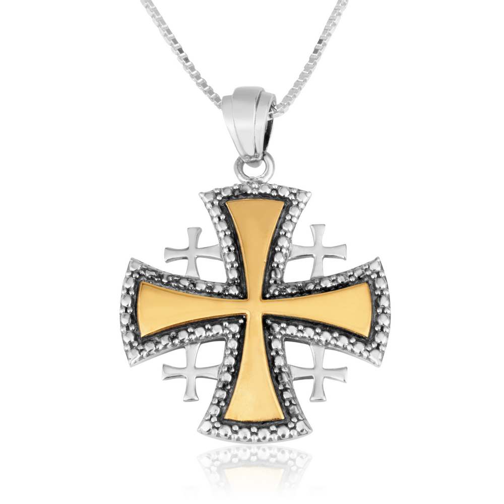 Two-Tone Jerusalem Cross Pendant Necklace, Flared Gold Cross, 925 Sterling Silver