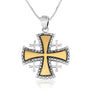Two-Tone Jerusalem Cross Pendant Necklace, Flared Gold Cross, 925 Sterling Silver