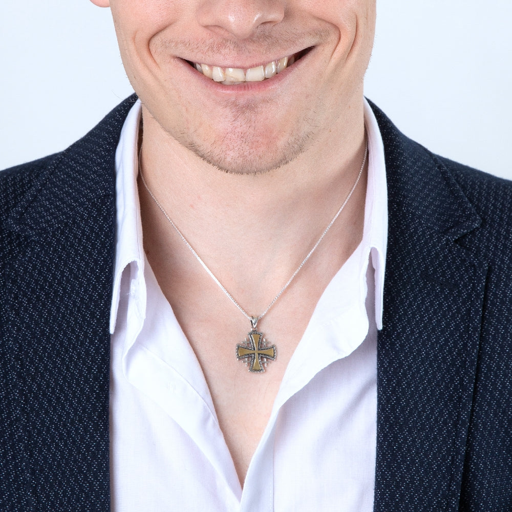 Two-Tone Jerusalem Cross Pendant Necklace, Flared Gold Cross, 925 Sterling Silver – shown worn, close-up