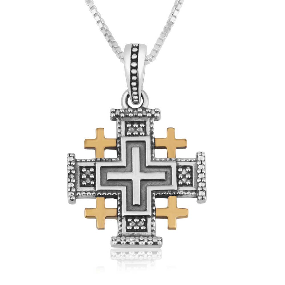Two-Tone Jerusalem Cross Pendant Necklace, Gold Corners, 925 Sterling Silver