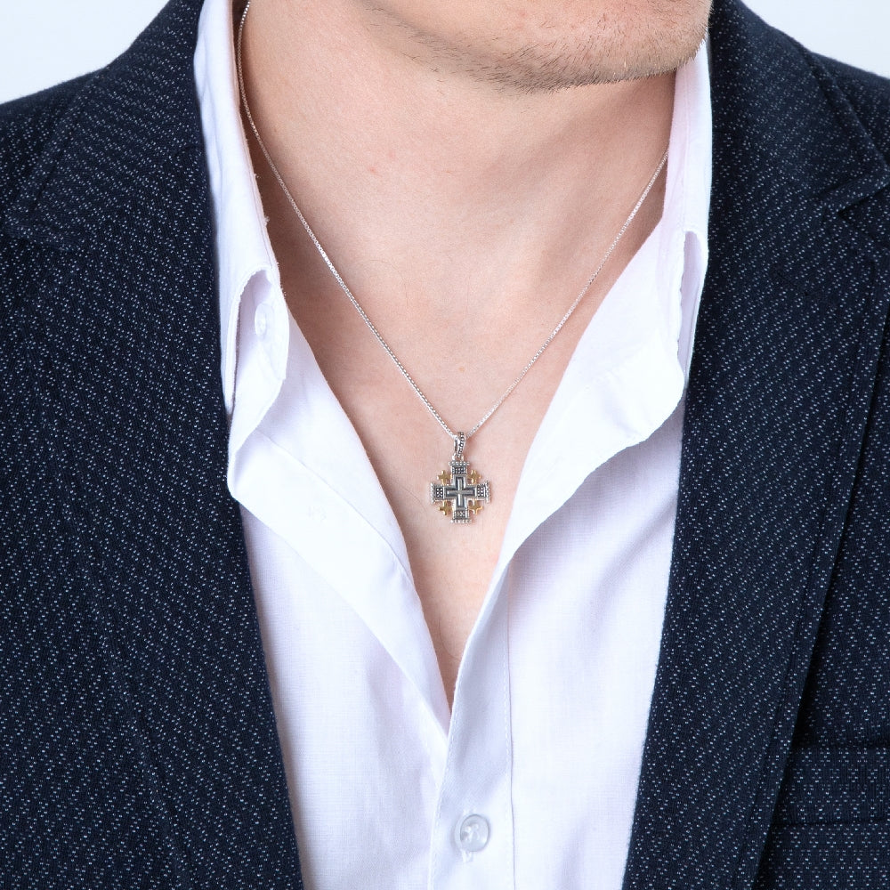 Two-Tone Jerusalem Cross Pendant Necklace, Gold Corners, 925 Sterling Silver – shown worn, close-up