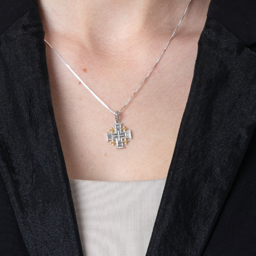 Two-Tone Jerusalem Cross Pendant Necklace, Gold Corners, 925 Sterling Silver – shown worn, close-up
