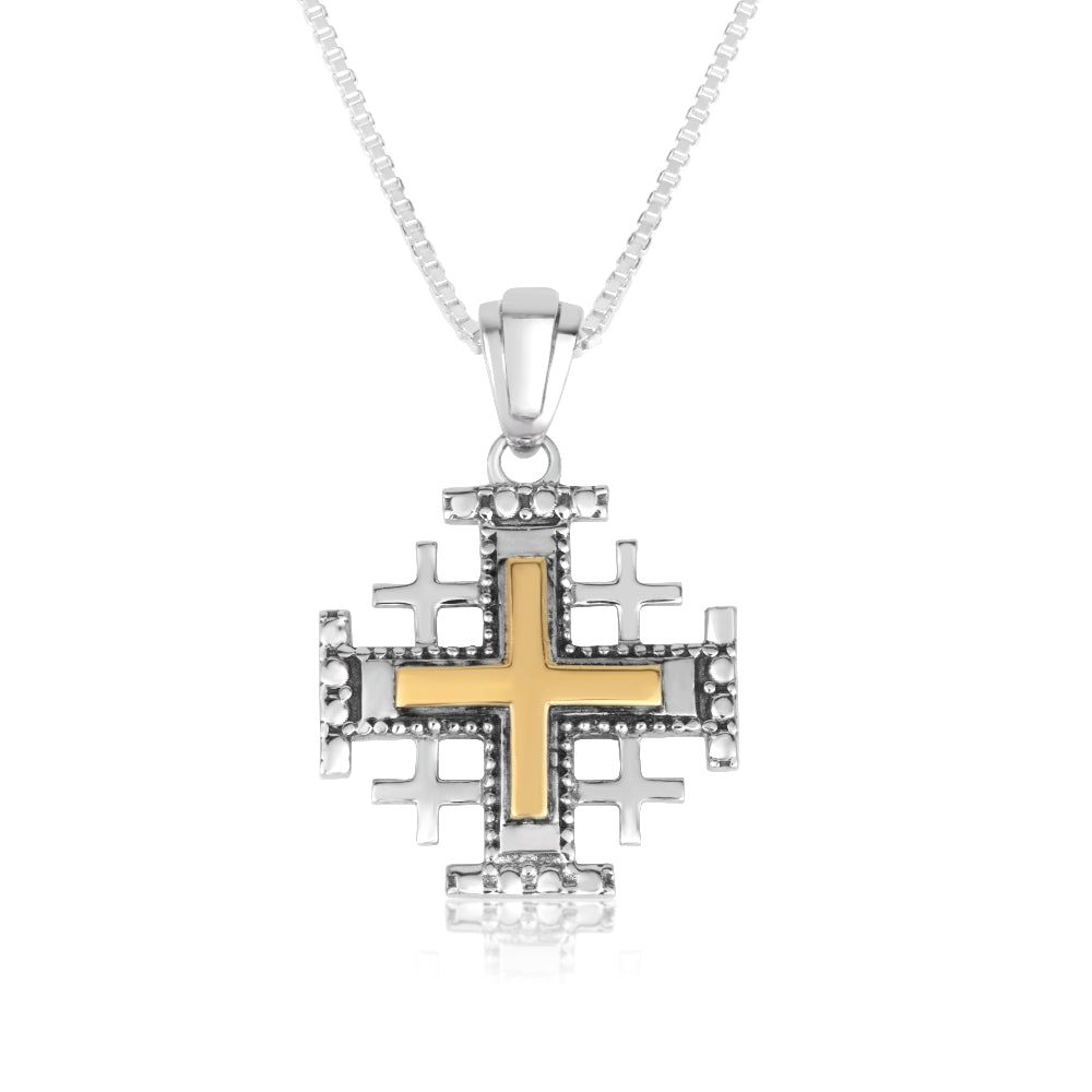 Two-Tone Jerusalem Cross Pendant Necklace, Beaded Outline, Slim Gold Cross, 925 Sterling Silver