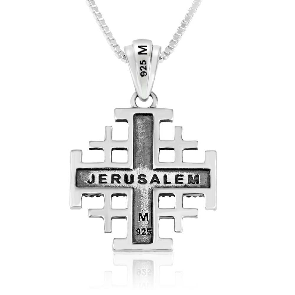 Two-Tone Jerusalem Cross Pendant Necklace, Beaded Outline, Slim Gold Cross, 925 Sterling Silver – back view