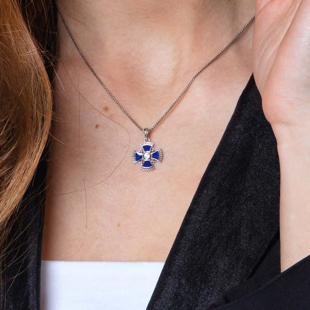 Blue Enamel Jerusalem Cross Pendant Necklace, CZ Center Stone, 925 Sterling Silver – shown worn, close-up