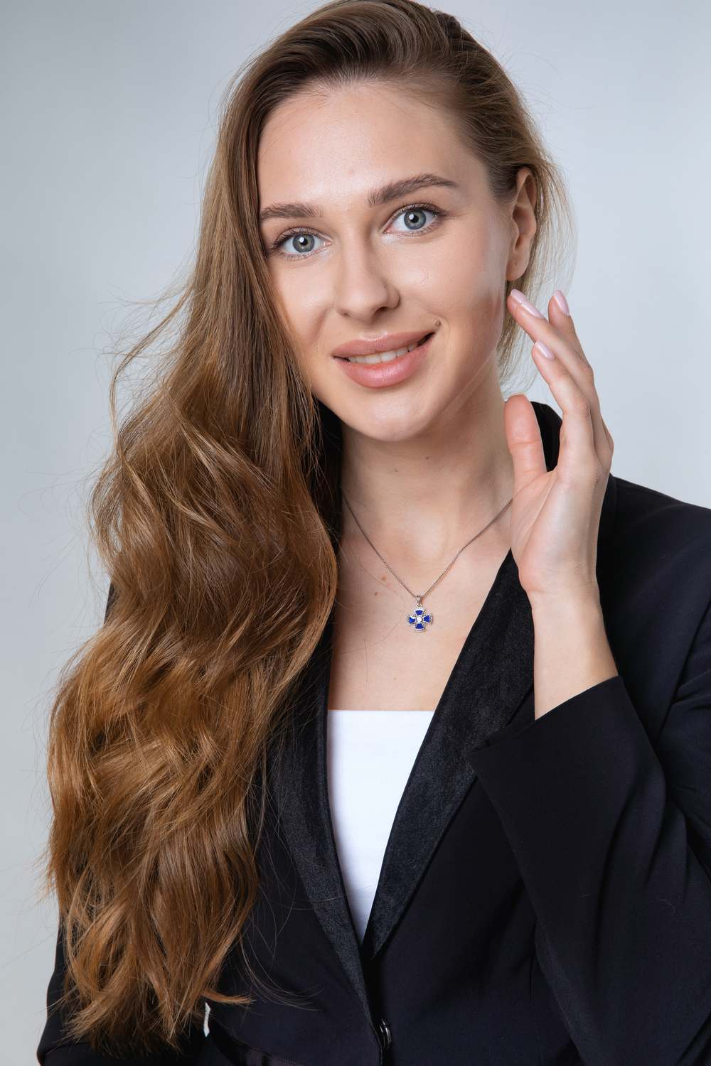 Blue Enamel Jerusalem Cross Pendant Necklace, CZ Center Stone, 925 Sterling Silver – shown worn