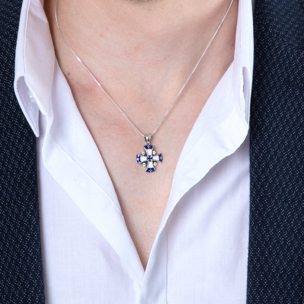 Blue and White Enamel Jerusalem Cross Pendant Necklace in 925 Sterling Silver with Cubic Zirconia – shown worn, close-up
