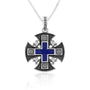 Blue Enamel Jerusalem Cross Pendant Necklace, Black Oxidized, 925 Sterling Silver
