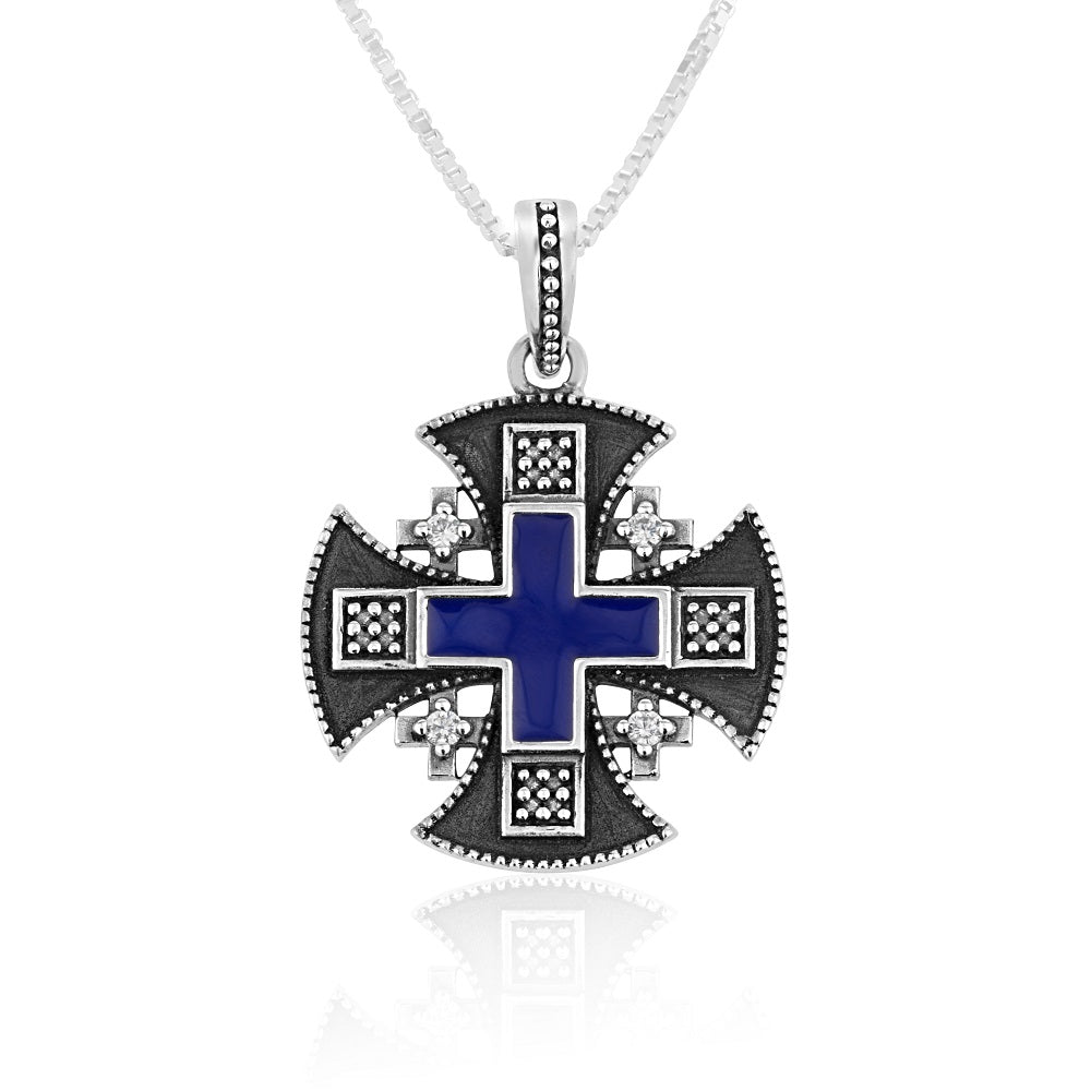Blue Enamel Jerusalem Cross Pendant Necklace, Black Oxidized, 925 Sterling Silver