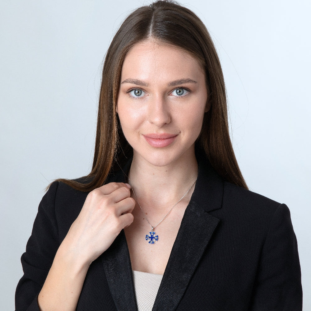 Blue Enamel Jerusalem Cross Pendant Necklace, Black Oxidized, 925 Sterling Silver – shown worn