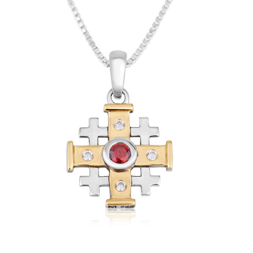 Two-tone gold and silver Jerusalem Cross pendant with garnet-red and clear cubic zirconia stones by Marina Jewelry