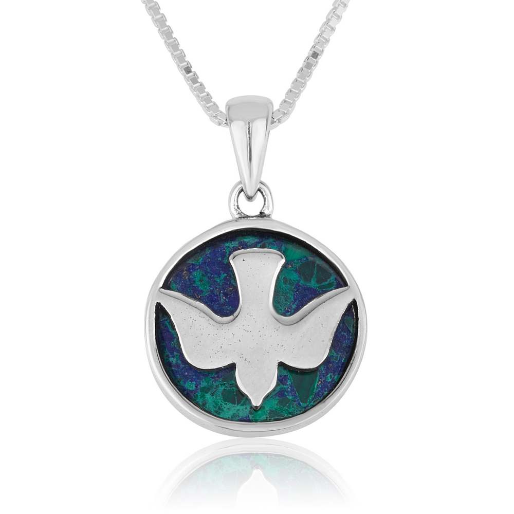 Round dove pendant with Eilat stone in 925 sterling silver by Marina Jewelry