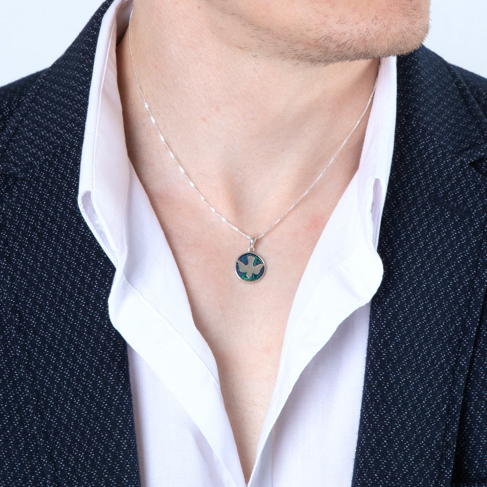 Dove Pendant Necklace in 925 Sterling Silver with Eilat Stone – shown worn, close-up