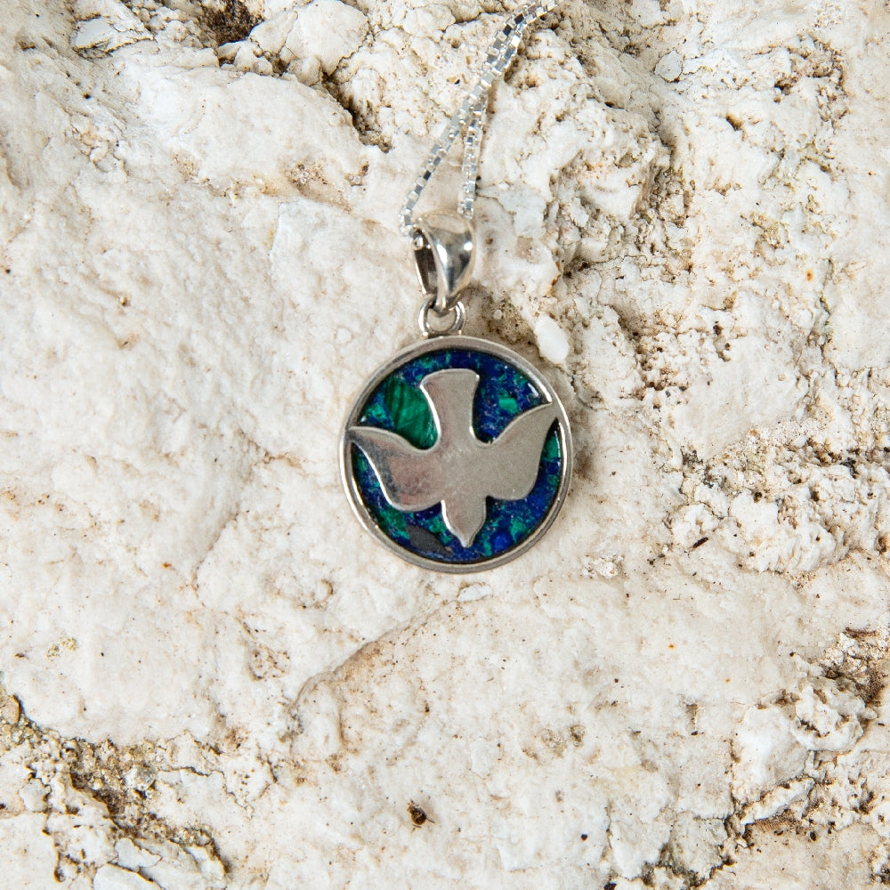Dove Pendant Necklace in 925 Sterling Silver with Eilat Stone – flat lay