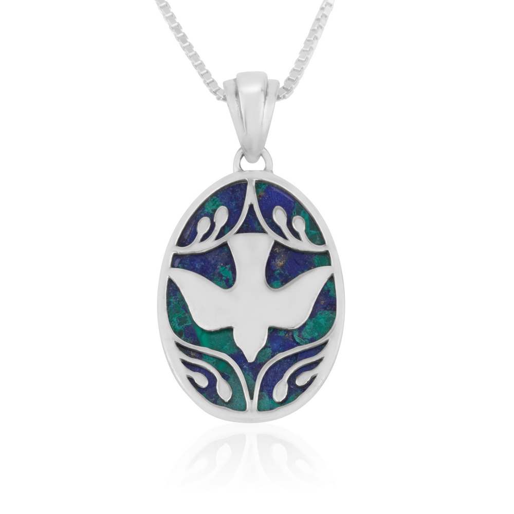 Ornate oval dove pendant with Eilat stone and flourished accents in 925 sterling silver by Marina Jewelry