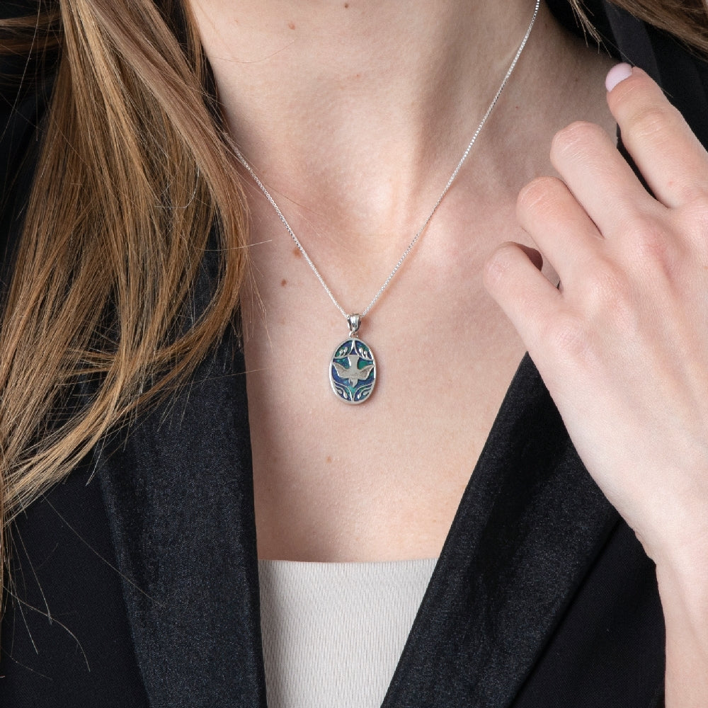 Ornate Dove Pendant Necklace in 925 Sterling Silver with Eilat Stone – shown worn, close-up
