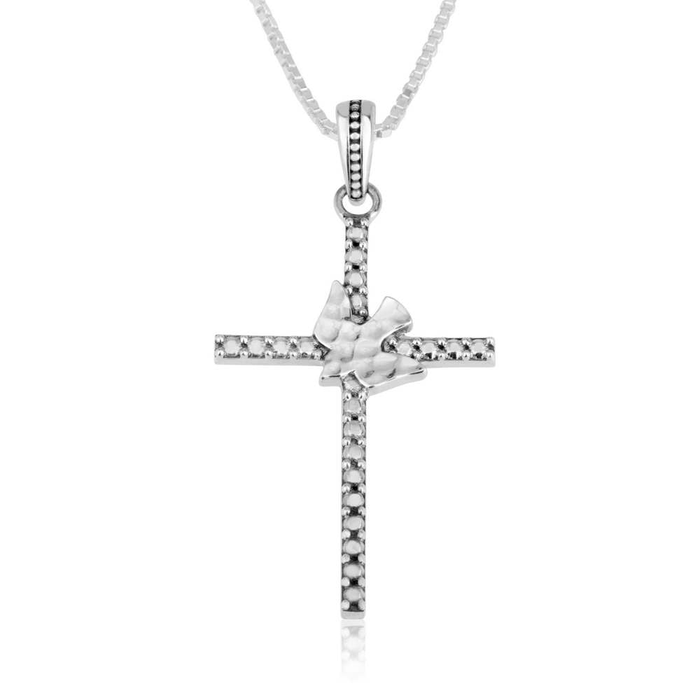 Beaded-edge cross pendant with a hammered-texture dove overlay in 925 sterling silver by Marina Jewelry