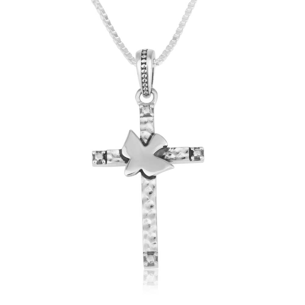 Hammered-texture cross pendant with a smooth dove overlay in 925 sterling silver by Marina Jewelry