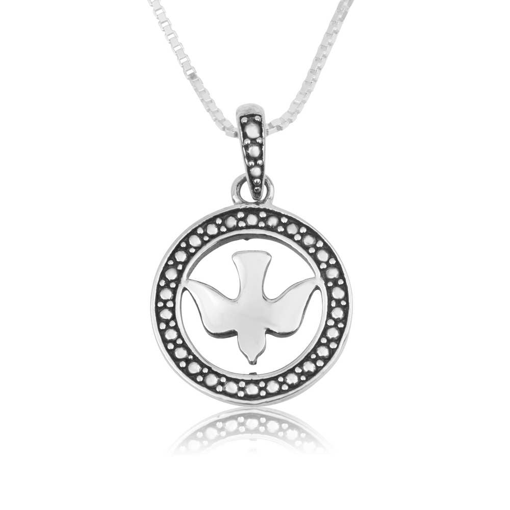 Round dove pendant with a beaded dotted border in 925 sterling silver by Marina Jewelry