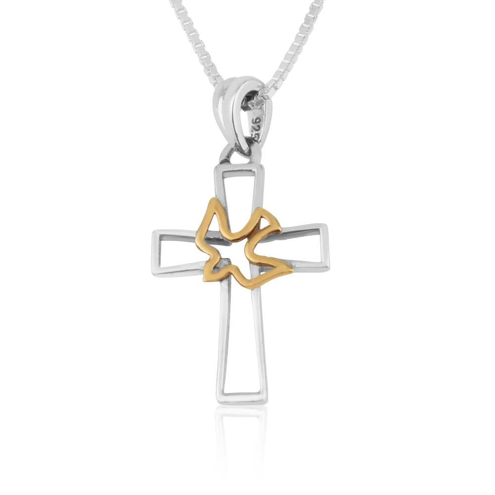 Open cutout cross pendant with a gold-plated dove outline in 925 sterling silver by Marina Jewelry
