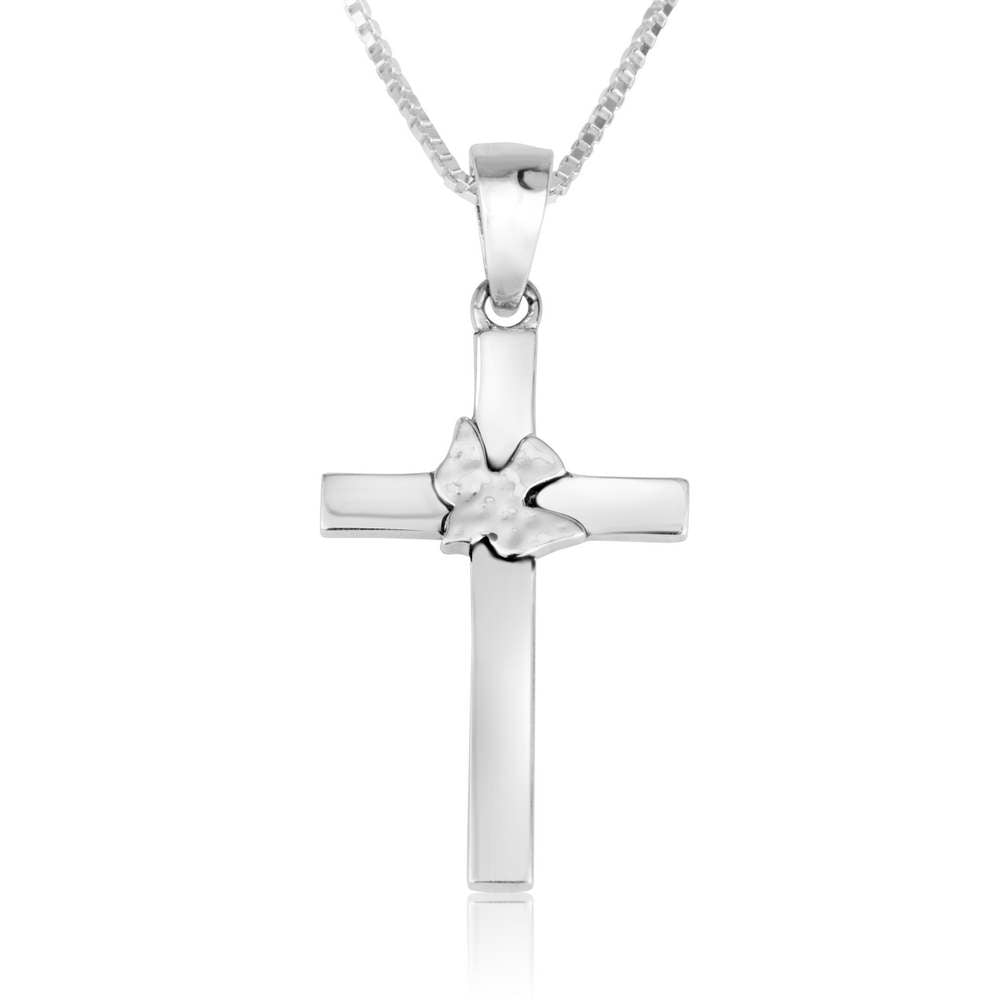 Cross and Dove Pendant Necklace, Slim Latin Cross, 925 Sterling Silver
