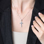 Cross and Dove Pendant Necklace, Slim Latin Cross, 925 Sterling Silver – shown worn, close-up