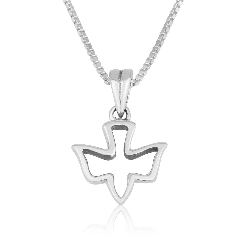Open cutout dove pendant with an inner cross outline in 925 sterling silver by Marina Jewelry