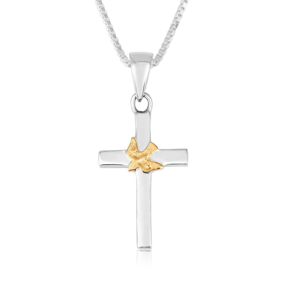 Plain smooth cross pendant with a gold-plated dove overlay in 925 sterling silver by Marina Jewelry