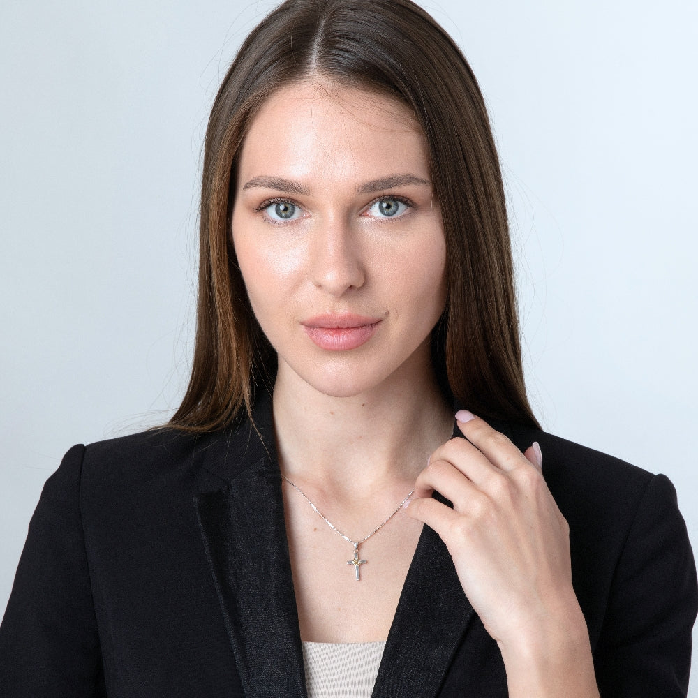 Cross and Dove Pendant Necklace in 925 Sterling Silver, Gold Plated – shown worn
