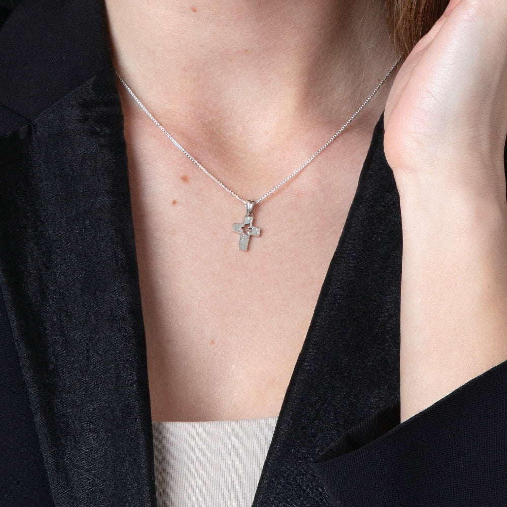 Hammered Cross with Cutout Dove Pendant Necklace in 925 Sterling Silver – shown worn, close-up