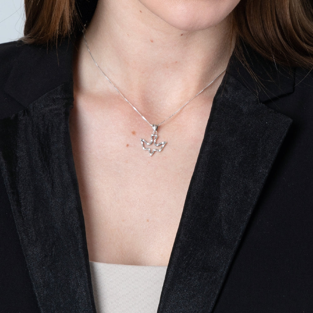 Dove Pendant Necklace in 925 Sterling Silver with Cubic Zirconia – shown worn, close-up