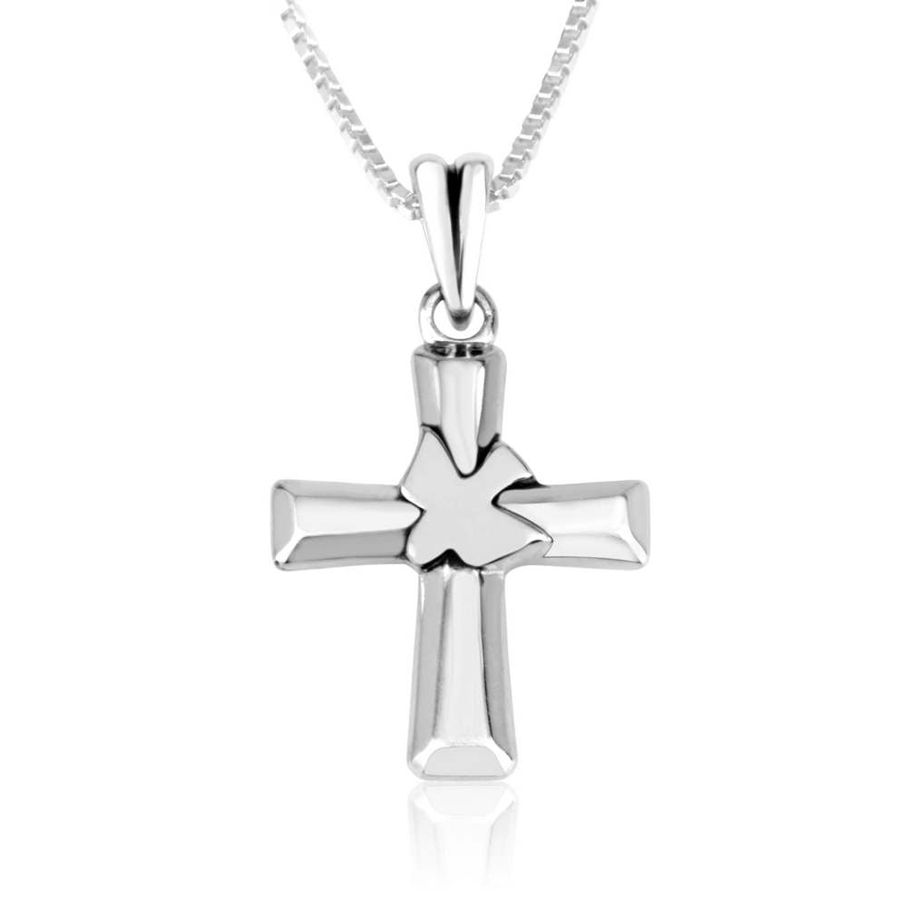 Cross and Dove Pendant Necklace, Beveled Arms, 925 Sterling Silver