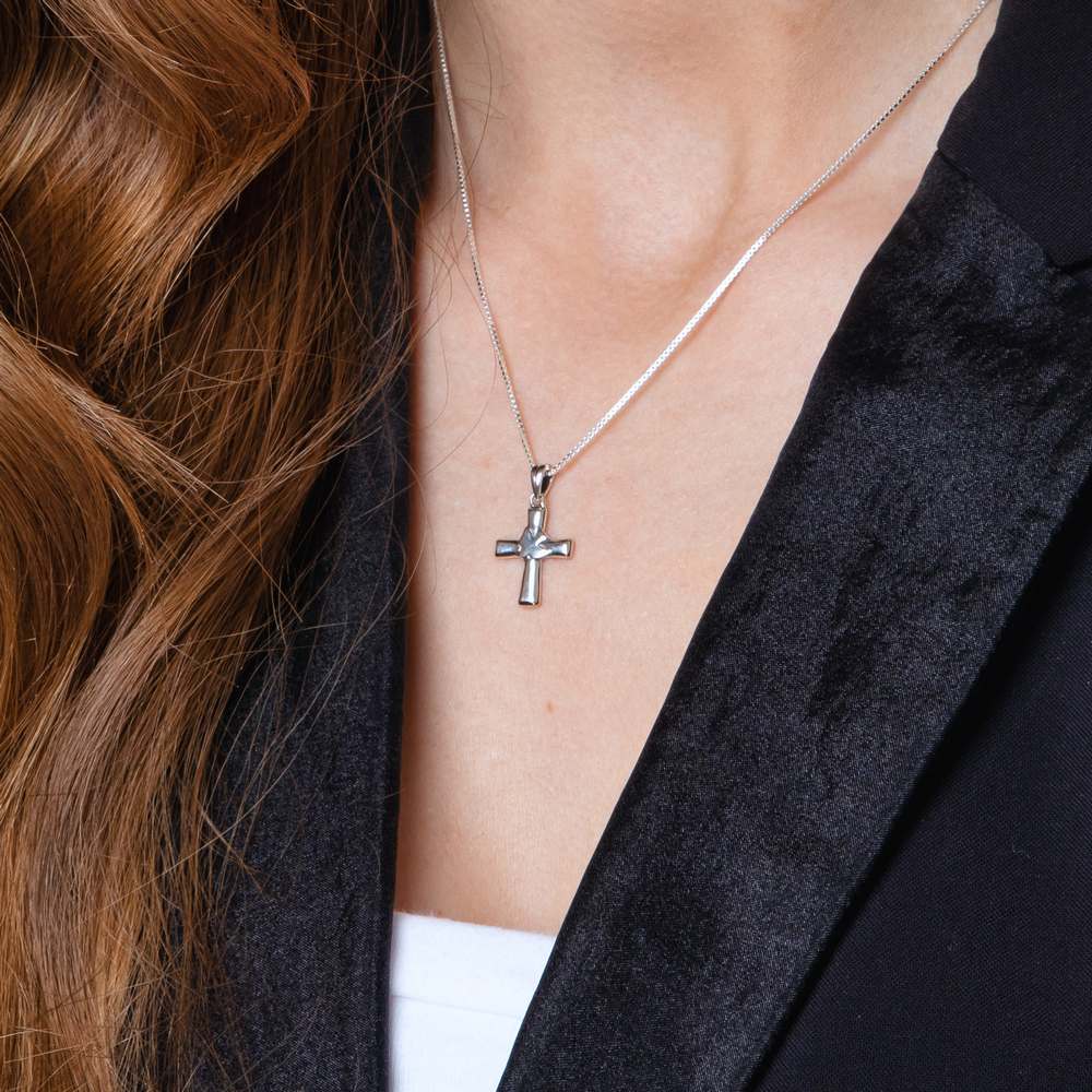 Cross and Dove Pendant Necklace, Beveled Arms, 925 Sterling Silver – shown worn, close-up