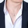 Cross and Dove Pendant Necklace, Beveled Arms, 925 Sterling Silver – shown worn, close-up