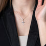 Ribbed Cross and Dove Pendant Necklace in 925 Sterling Silver – shown worn, close-up