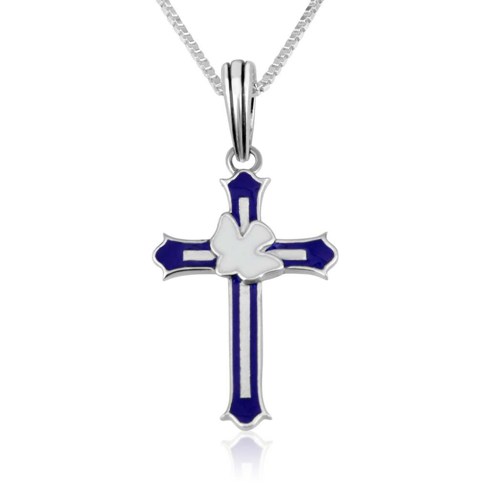 Blue and white enamel cross pendant with a dove overlay in 925 sterling silver by Marina Jewelry