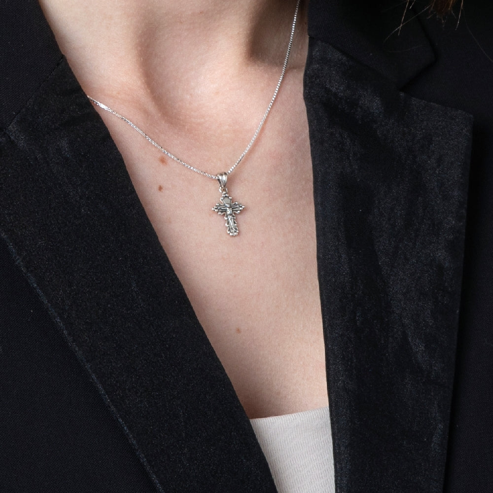 Ornate Crucifix Pendant Necklace in 925 Sterling Silver – shown worn, close-up