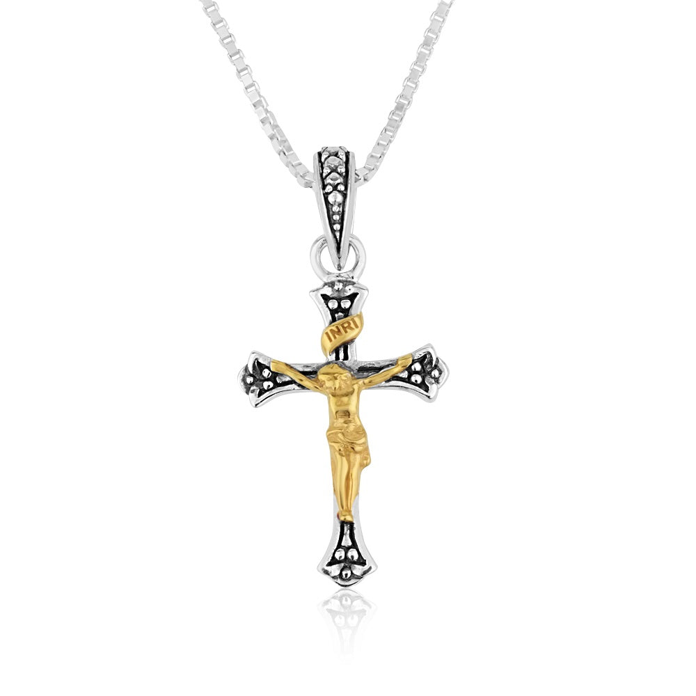 Two-Tone Ornate Crucifix Pendant Necklace in 925 Sterling Silver, Beaded Border