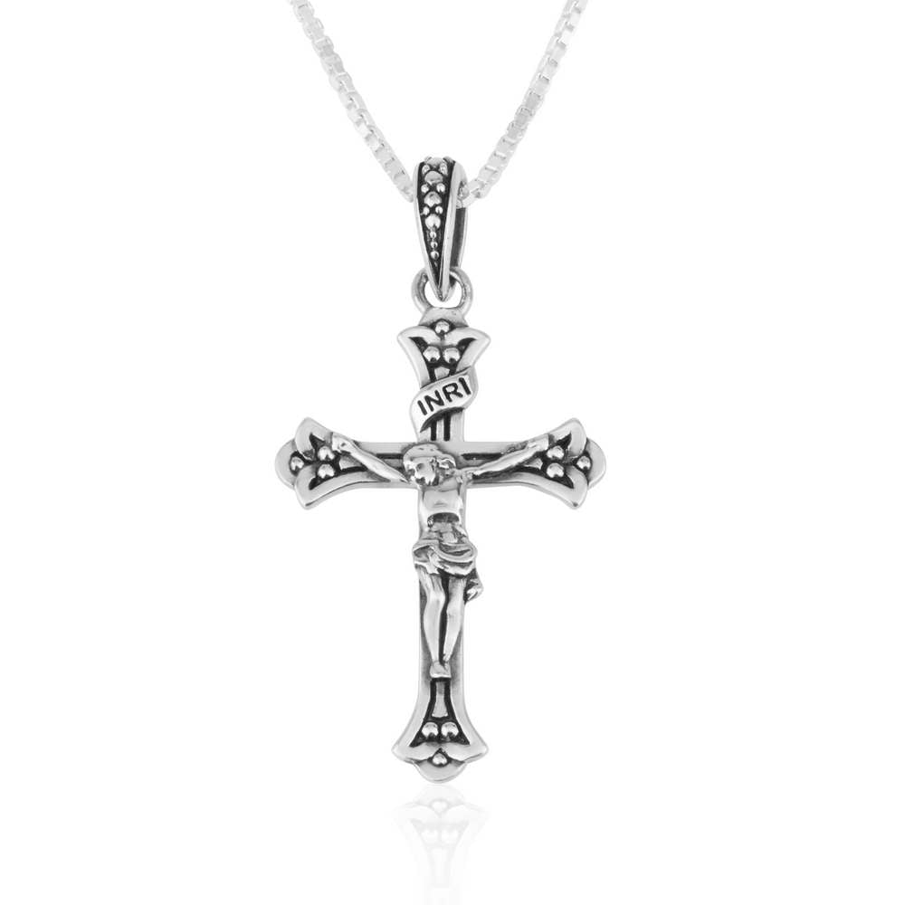 Budded Crucifix Pendant Necklace, Flared Dotted Tips, Slim Arms, 925 Sterling Silver