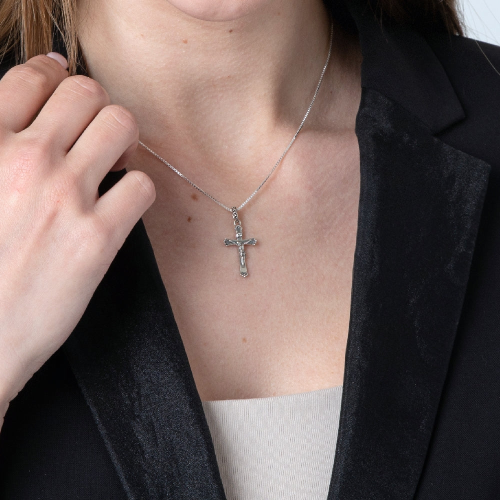 Budded Crucifix Pendant Necklace, Flared Dotted Tips, Slim Arms, 925 Sterling Silver – shown worn, close-up