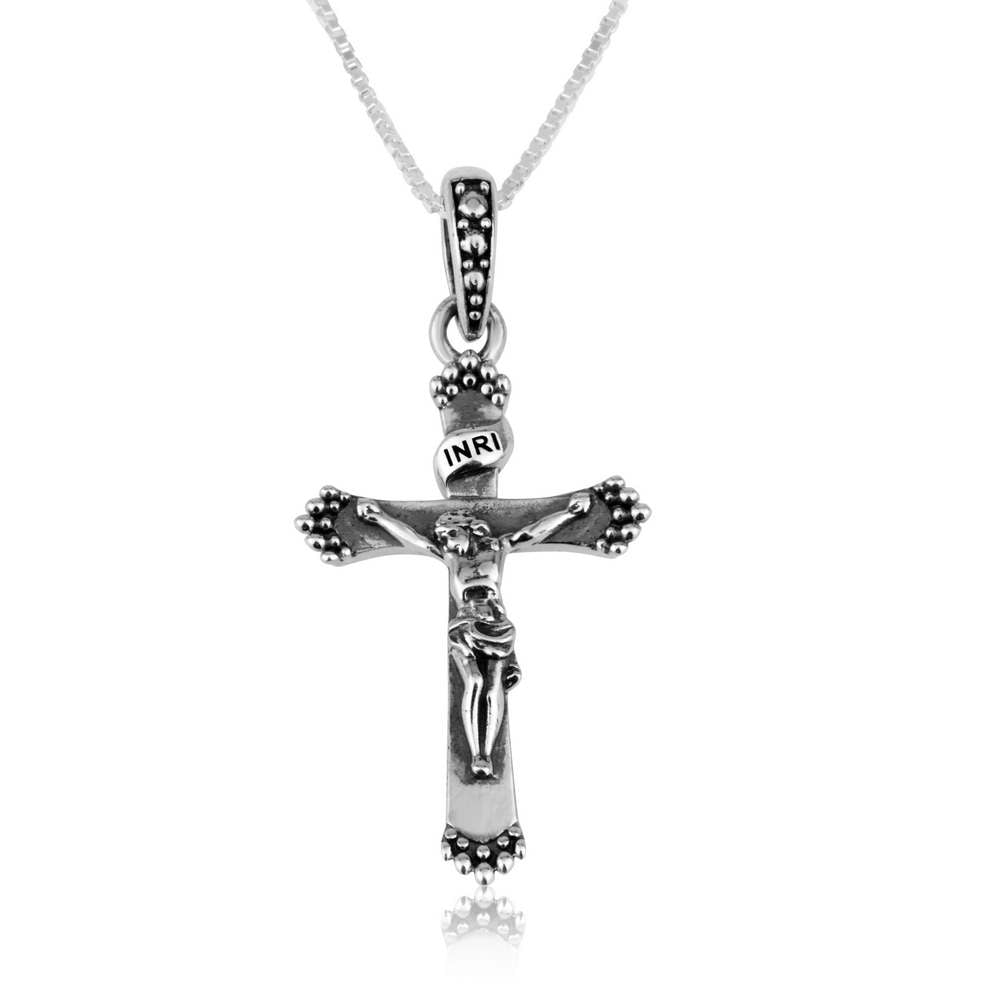 Budded Crucifix Pendant Necklace, Beaded Cluster Tips, 925 Sterling Silver