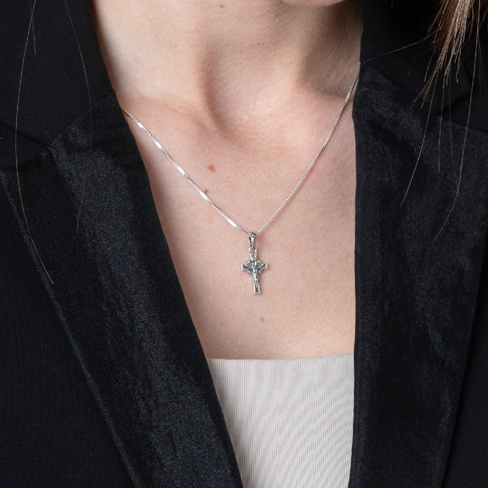 Budded Crucifix Pendant Necklace, Beaded Cluster Tips, 925 Sterling Silver – shown worn, close-up