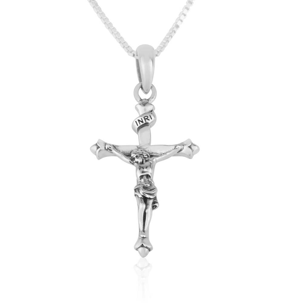 Classic crucifix pendant with engraved INRI banner in 925 sterling silver by Marina Jewelry
