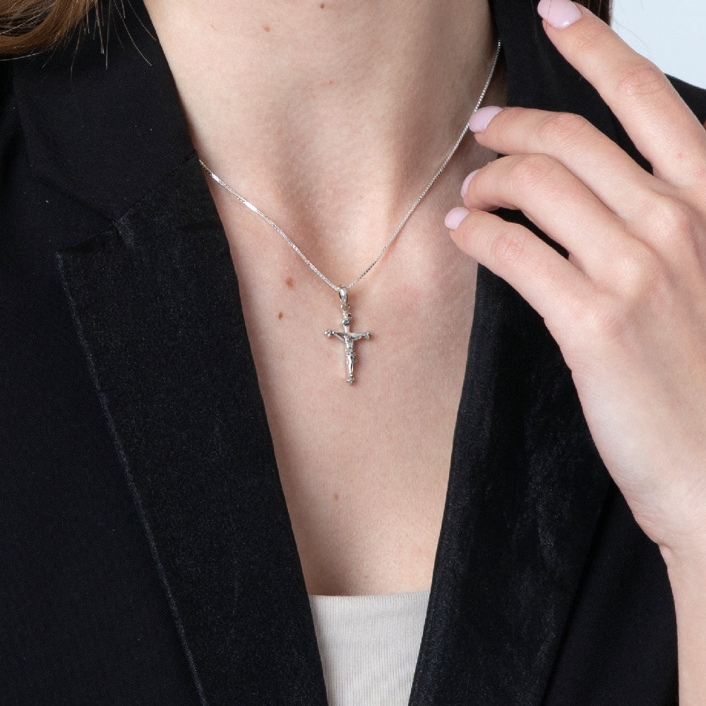 Classic Crucifix Pendant Necklace in 925 Sterling Silver – shown worn, close-up