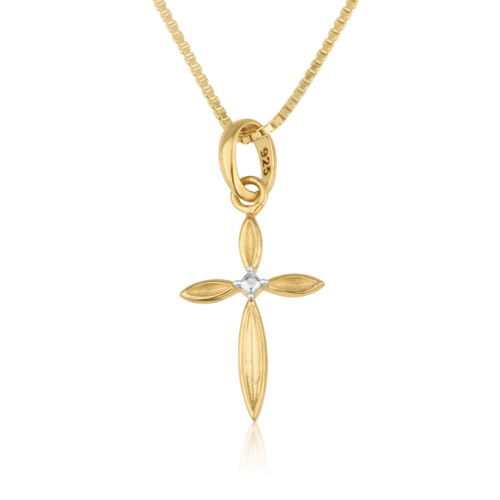 Slender gold-plated marquise cross pendant with a clear center stone in 925 sterling silver by Marina Jewelry