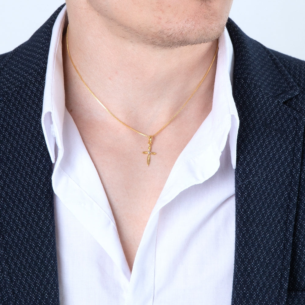 Marquise Cross Pendant Necklace in 925 Sterling Silver, Gold Plated – shown worn, close-up