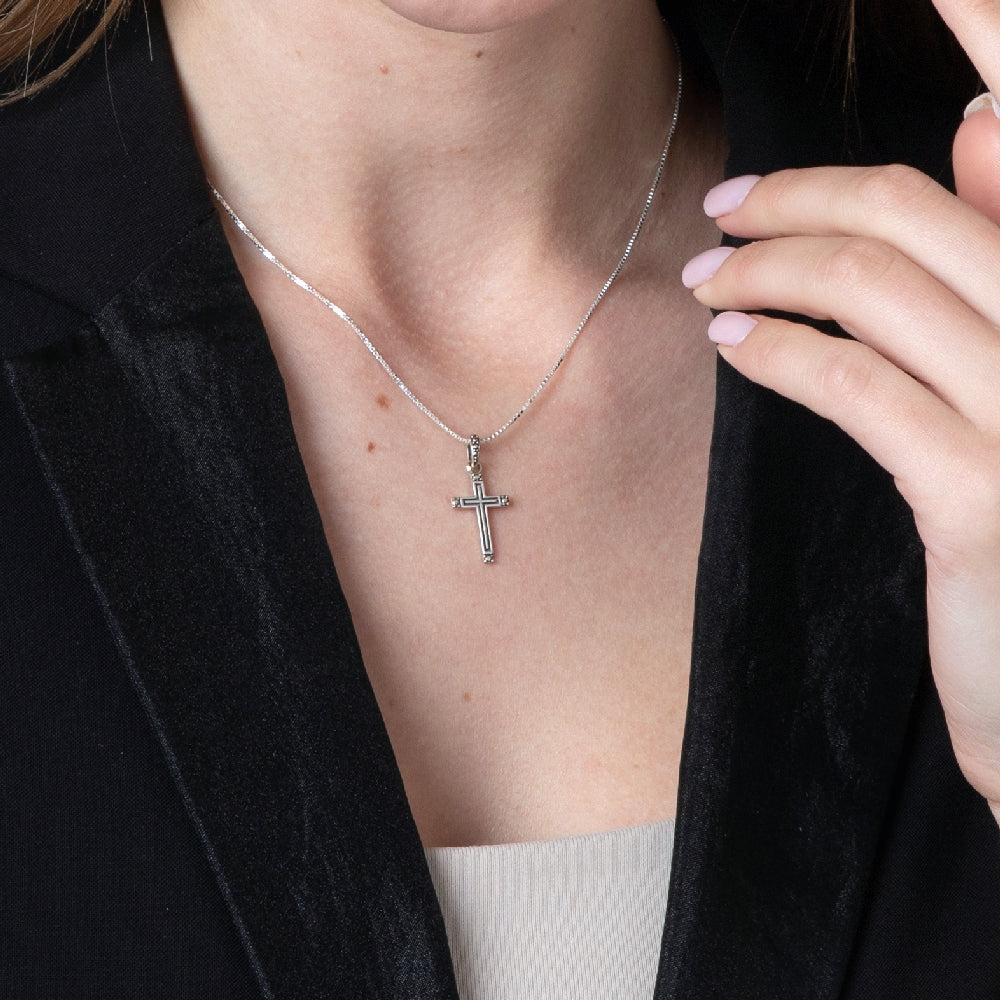 Beaded-Edge Cross Pendant Necklace in 925 Sterling Silver – shown worn, close-up